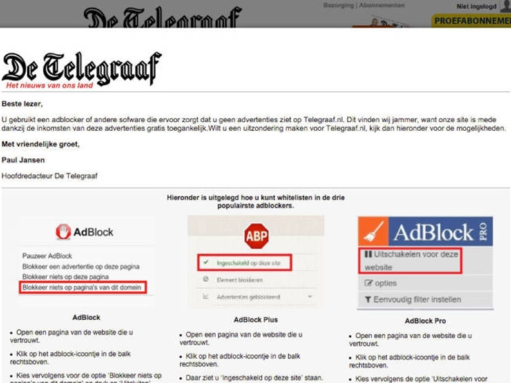 Telegraaf vraagt bezoekers adblockers uit te schakelen