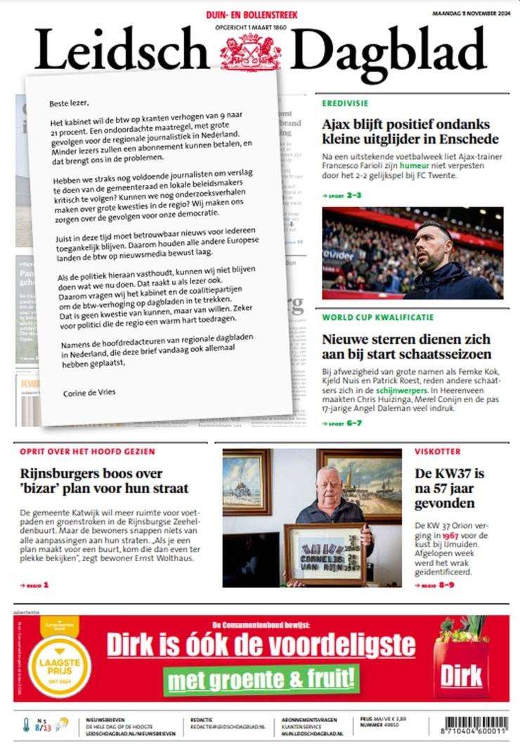 Open brief op voorpagina’s van regionale dagbladen, hoofdredacteuren luiden noodklok over btw-verhoging