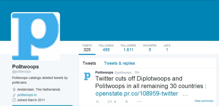Twitter blokkeert Politwoops en Diplotwoops