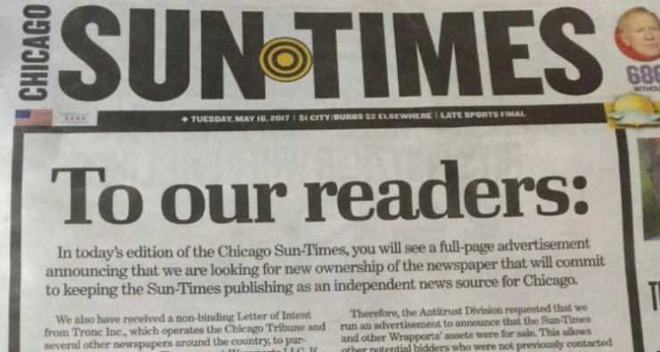 Chicago Sun-Times zet zichzelf via voorpagina te koop